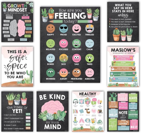 Hadley Designs 9 Cactus Mental Health Posters For Classroom Elementary - School Counselor Office Decor, Mental Health Therapy Decor For Office, School Counseling Office Decor, Calm Corner