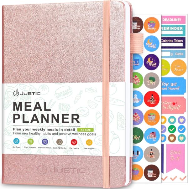 JUBTIC Weekly Meal Planner Notebook, Food Journal for Women Weight Loss, Fitness Journal, Daily Meal Prep Journal with Shopping and Grocery Lists for Food Planning, Healthy Diet or Weight Loss Tracking, Last 1 Year,Undated, A5, Rose Gold