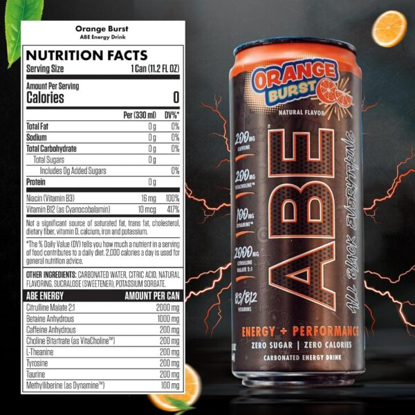 All Black Everything Sugar Free Energy Drink | Orange Burst | 0 Calories | 12 Pack | 200mg Natural Caffeine | Pre-Workout Sport Drink for Men and Women
