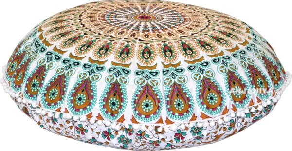 32" Peacock Mandala Bohemian Yoga Meditation Floor Pillow Cover Comfortable Home Car Bed Sofa Cushion Couch Seating Large Zipped Throw (32 inches, White Multi)