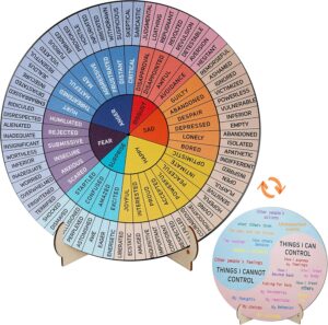 Feelings Wheel Therapy Office Decor, 5.8 Inches Diameter Double Sided Mental Health Decor Emotion Wheel with Stand, Wooden Coping Wheel Chart Gifts for School, Therapy Office, 2025 Upgrade