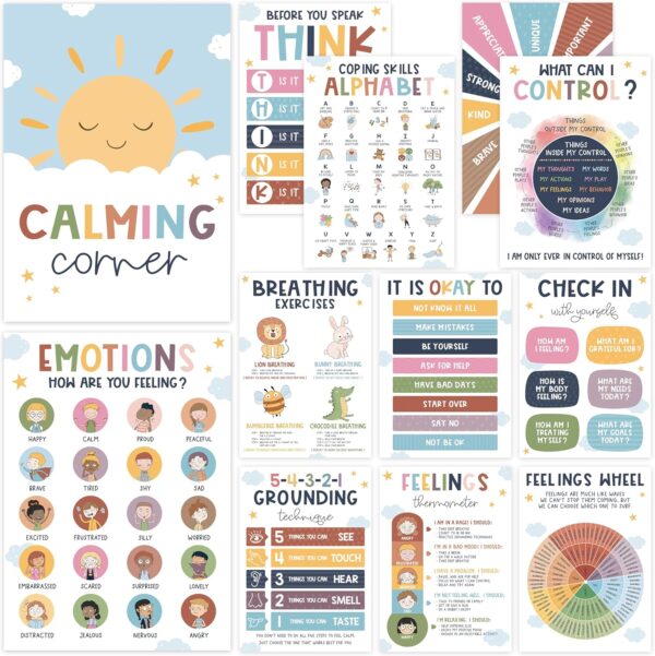 BEAWART Boho 12 Calming Corner Classroom Posters (10x14) - Feelings Wheel & Emotions Chart for Kids, Calm Down Corner Supplies for Therapy Office Decor, Mental Health Wall Art for Preschool Teachers