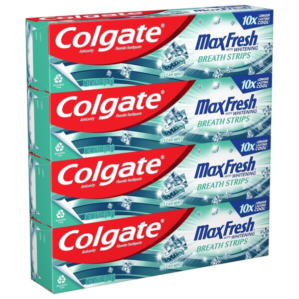 Colgate Max Fresh Whitening Toothpaste with Mini Strips, Clean Mint Toothpaste for Bad Breath, Helps Fight Cavities, Whitens Teeth, and Freshens Breath, 6.3 Ounce (Pack of 4)