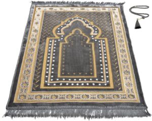 TB Islamic Prayer Rug Soft Velvet Muslim Mat Unique Arabic Turkish African Embroidered Design Prayer Bead Daily Salah Prayer Meditation Ramadan Eid Gift for Women Men Kids (Dark Gray)
