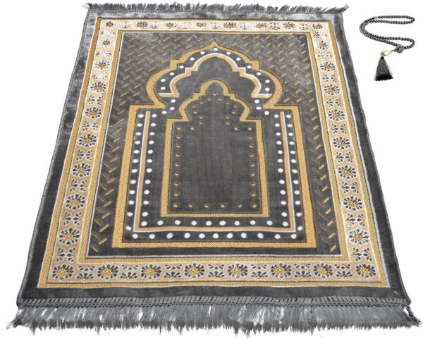 TB Islamic Prayer Rug Soft Velvet Muslim Mat Unique Arabic Turkish African Embroidered Design Prayer Bead Daily Salah Prayer Meditation Ramadan Eid Gift for Women Men Kids (Dark Gray)
