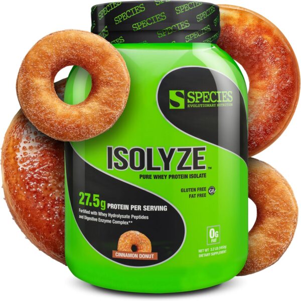 Species Nutrition Isolyze Whey Protein Powder, 100% Whey Isolate Protein, Whey Protein for Muscle Building, 27.5g Protein Per Scoop, No Sugar & Low Fat Protein (Cinnamon Donut, 44 Servings)