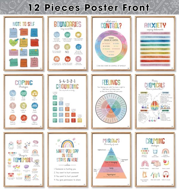 Jinniee 24 Opt Colorful Mental Health Posters, 12 Pcs Anxiety Therapy Motivational Poster Counseling Office Must Haves, School Counselor Supplies for Middle High School Must Haves Sets 10"x14"
