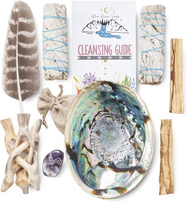 Blue River Sage Smudging & Energy Cleansing Kit with Amethyst, White Sage, Palo Santo, Abalone Shell, Stand & Guide (Regular)