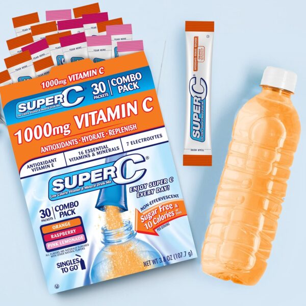 Super C Singles to Go Powder Packets, Water Drink Mix, Variety Pack, Orange, Raspberry & Pink Lemonade, On-The-Go, 30 Count