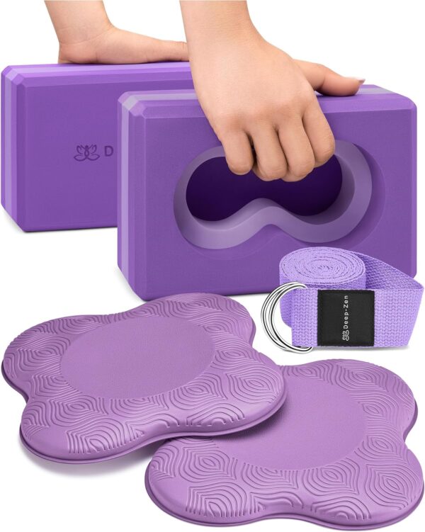 Deep-Zen® Yoga Blocks Wrist Support; Yoga Blocks 2 Pack w/Knee Pads; Yoga Blocks 2 Pack with Strap to Put Less Weight on Wrists; Durable, Versatile Yoga Brick Exercise Block Set, Blocks Yoga