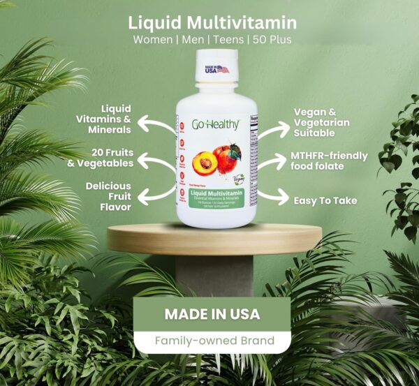 Go Healthy Liquid Multivitamin for Women, Men, Teens, 50 Plus – Vegan Vitamin & Mineral Supplement, Adult Energy & Immune Support, Easy-to-Absorb, Delicious Fruit Flavor – 32 Servings