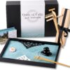Oasis of Calm Zen Garden Kit. 11x8 Inch Beautiful Premium Japanese Decor Mini Meditation Gifts Set. Home, Office Desk Accessories. Zen Decor Sand Garden. Aqua Blue Sand, 6 Tools, 6 Features incl rocks