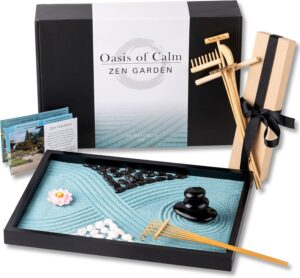 Oasis of Calm Zen Garden Kit. 11x8 Inch Beautiful Premium Japanese Decor Mini Meditation Gifts Set. Home, Office Desk Accessories. Zen Decor Sand Garden. Aqua Blue Sand, 6 Tools, 6 Features incl rocks