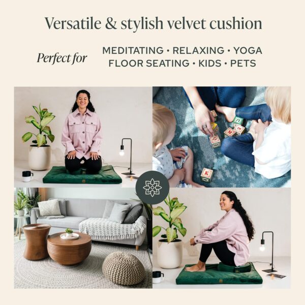 Mindful Modern Velvet Zabuton Meditation Mat | Large Rectangular Yoga Floor Cushion Pillow for Kneeling or Sitting Support | Removable Washable Cover | Perfect Zafu or Bench Complement | Color Grey