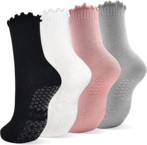 SkiBeaut Pilates Yoga Grips Socks, 4 Pairs Non Slip Skid Women Reformer Hospital Sticky Socks for Elderly Pregnancy Lady