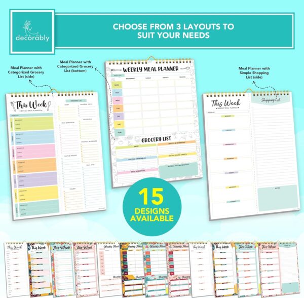 Decorably 52 Sheets Pastel Undated Weekly Meal Planner and Grocery List, 8.5x11in Spring-Bound Meal Planning Notepad, Weekly Menu Planner Pad
