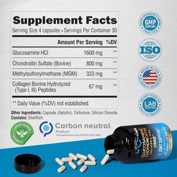 Glucosamine Chondroitin MSM Collagen | FSA HSA Eligible | Joint Support Supplement 2800 mg | Made in USA | FSA Approved Product Items | Flexibility Nutritional Vitamins | For Men & Women, 120 Capsules