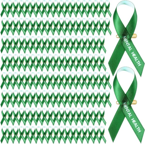 Hanaive 150 Pcs Mental Health Awareness Ribbons Green Satin Fabric Ribbons with Safety Pins Mental Health Awareness Items for Charity Public Social Event Welfare Supplies