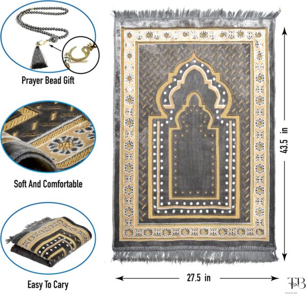 TB Islamic Prayer Rug Soft Velvet Muslim Mat Unique Arabic Turkish African Embroidered Design Prayer Bead Daily Salah Prayer Meditation Ramadan Eid Gift for Women Men Kids (Dark Gray)