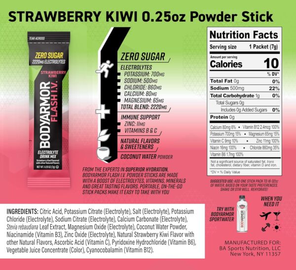 BODYARMOR Flash IV Electrolyte Packets, Strawberry Kiwi - Zero Sugar Drink Mix, Single Serve Packs, Coconut Water Powder (6 Count)
