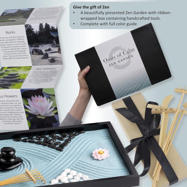 Oasis of Calm Zen Garden Kit. 11x8 Inch Beautiful Premium Japanese Decor Mini Meditation Gifts Set. Home, Office Desk Accessories. Zen Decor Sand Garden. Aqua Blue Sand, 6 Tools, 6 Features incl rocks