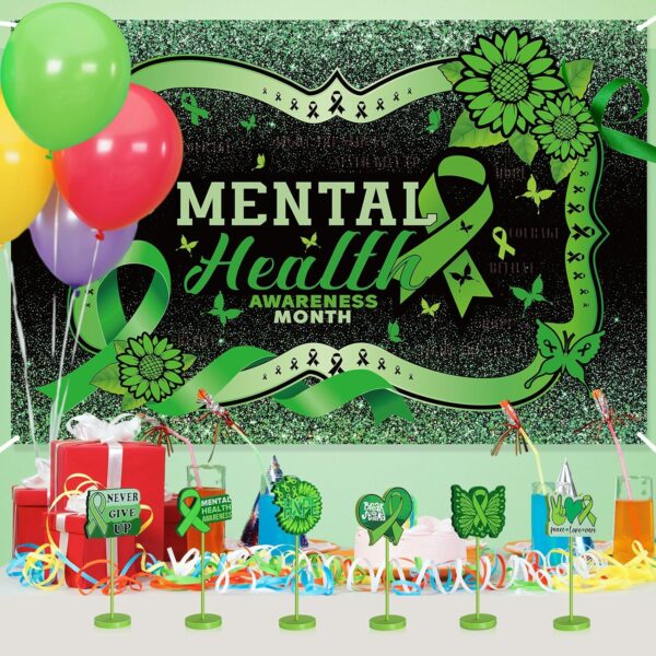 Amyhill 6 Pcs Mental Health Awareness Month Wooden Centerpieces Motivational Mental Health Awareness Standing Block Sign Set Green Ribbon Table Signs Decorations for Office Charity Party Supplies