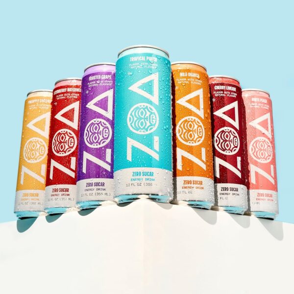 ZOA Zero Sugar Energy Drinks, White Peach - Sugar Free with Electrolytes, Healthy Vitamin C, Amino Acids, Essential B-Vitamins, and Caffeine from Green Tea - 12 Fl Oz (12-Pack)