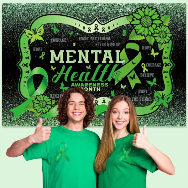 Mental Health Awareness Month Backdrop Green Ribbon Awareness Photo Backdrop for Mental Health Month Party Supplies Outdoor Indoor Wall Decorations 71x47 inch