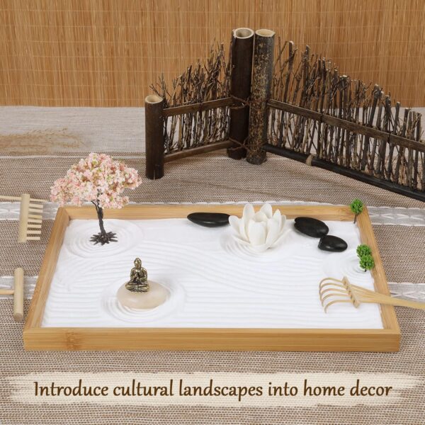 Zen Garden Kit for Office Desk, Japanese Meditation Decor Sand Art with Tray/Buddha Statue/Handmade Ceramic Lotus Incense Holder/Zen Accessories, Spiritual Gift for Women Men Yoga Mind Relaxation