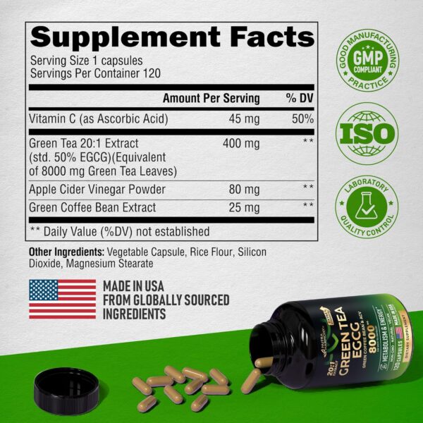 Green Tea Extract Capsules with Green Coffee Beans & Apple Cider Vinegar - Energy & Metabolism Support - Green Tea Supplement 50% EGCG - 20:1 Natural Extract - for Men & Women - 120 Vegan Capsules