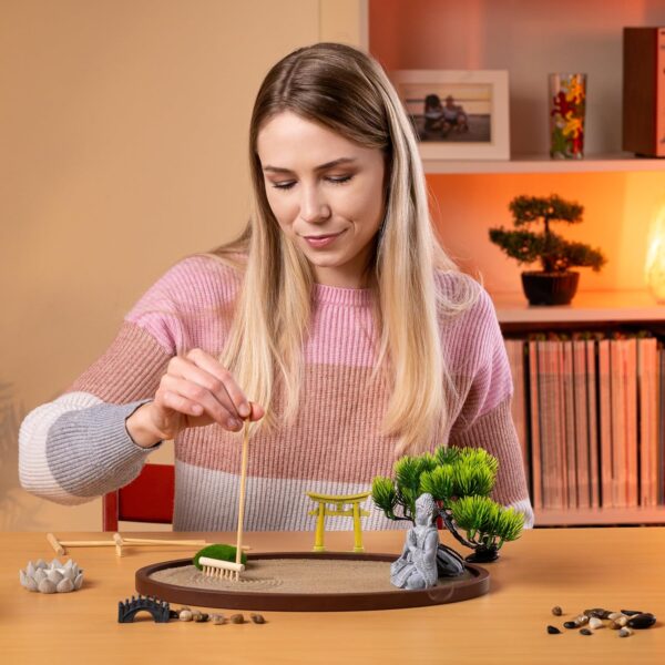 Zen Garden for Desk 13x8in – Japanese Meditation Kit with Buddha, Bonsai Tree, Natural Sand, Stones, Bamboo Rakes & Accessories – Mini Zen Garden for Office Relaxation & Decor by Roanle