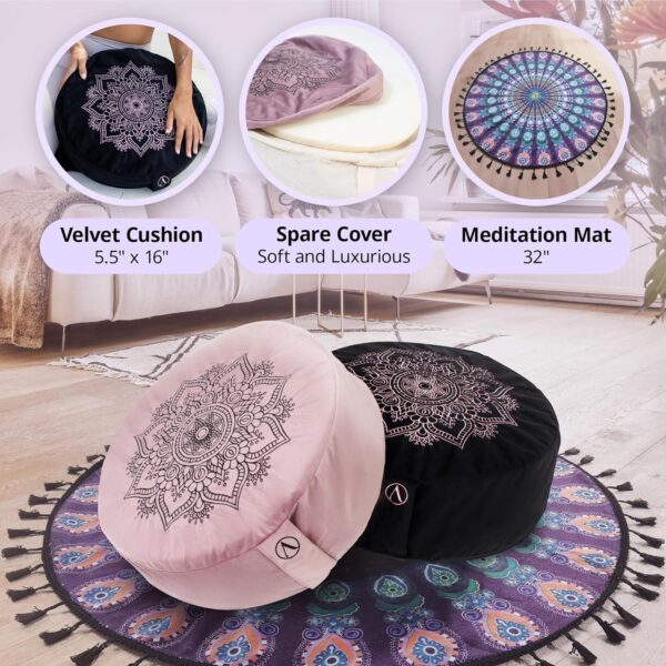 Aila Meditation Cushion with Yoga Mat – Luxurious Meditation Accessories Spiritual Decor Zafu Meditation Cushion – Meditation Floor Pillow for Women Include Extra Cushion Cover – Memory Foam Material