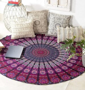 raajsee Purple Round Beach Tapestry Hippie/Boho Beach Blanket Mandala/Indian Cotton Throw - Round Tablecloth/Home Decor/Indie Rug Yoga Mat Meditation Picnic Rugs 178 CM / 70 INCHE Circle