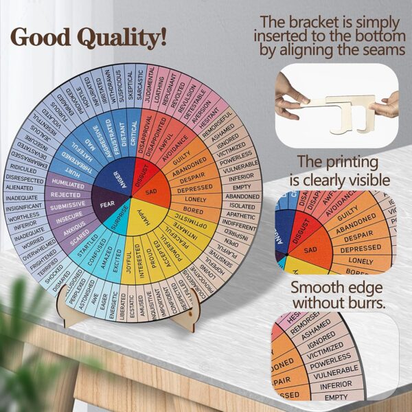 Feelings Wheel Therapy Office Decor, 5.8 Inches Diameter Double Sided Mental Health Decor Emotion Wheel with Stand, Wooden Coping Wheel Chart Gifts for School, Therapy Office, 2025 Upgrade