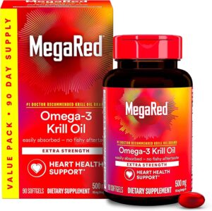 MegaRed Antarctic Krill Oil 500mg Omega 3 Fatty Acid Supplement, Extra Strength EPA & DHA Krill Oil Softgels (90cnt Box), Astaxanthin, Heart Health Supplement with No Fish Oil Aftertaste