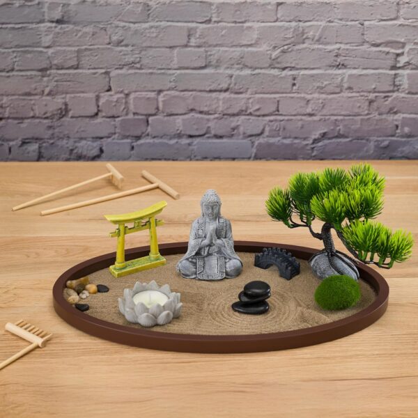 Zen Garden for Desk 13x8in – Japanese Meditation Kit with Buddha, Bonsai Tree, Natural Sand, Stones, Bamboo Rakes & Accessories – Mini Zen Garden for Office Relaxation & Decor by Roanle