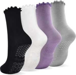 SkiBeaut Pilates Yoga Grips Socks, 4 Pairs Non Slip Skid Women Reformer Hospital Sticky Socks for Elderly Pregnancy Lady