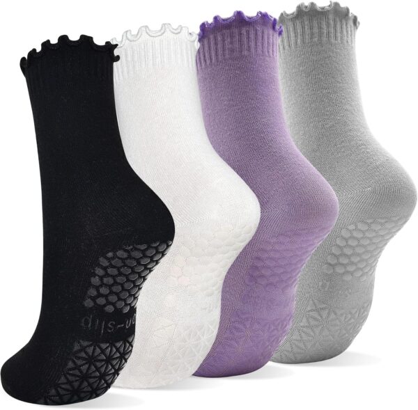 SkiBeaut Pilates Yoga Grips Socks, 4 Pairs Non Slip Skid Women Reformer Hospital Sticky Socks for Elderly Pregnancy Lady