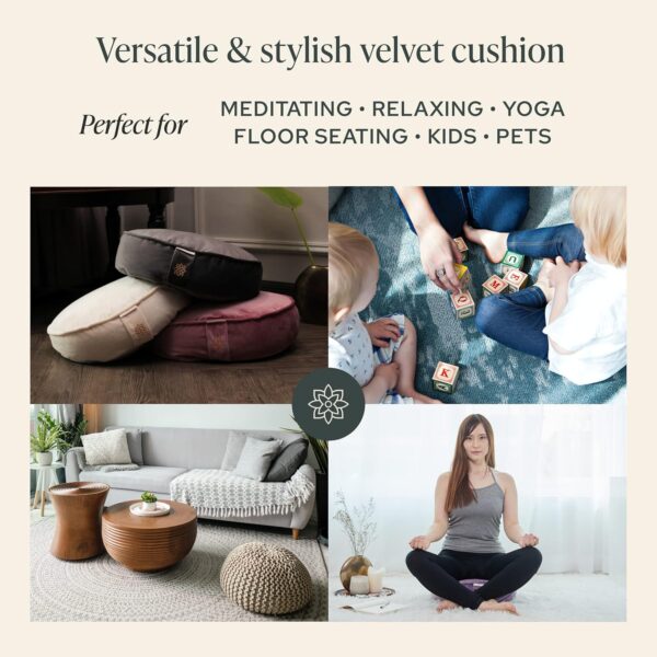 Mindful and Modern Velvet Meditation Cushion - Luxury Zafu Floor Pillow for Yoga - Large Buckwheat Meditation Pillow with Luxe Removable Cover in Six Colors