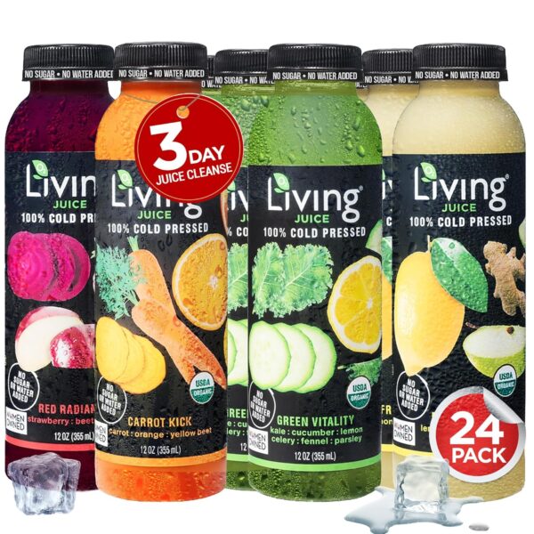O2 Living Juices Cold Pressed Juice – Organic Low-Calorie Detox Cleanse Drink, Non-GMO, Fresh Fruit & Vegetable Juice, Immunity Refresher, Vitamin-Packed Beverage – 24 Pack | 3-Day (12oz Each)