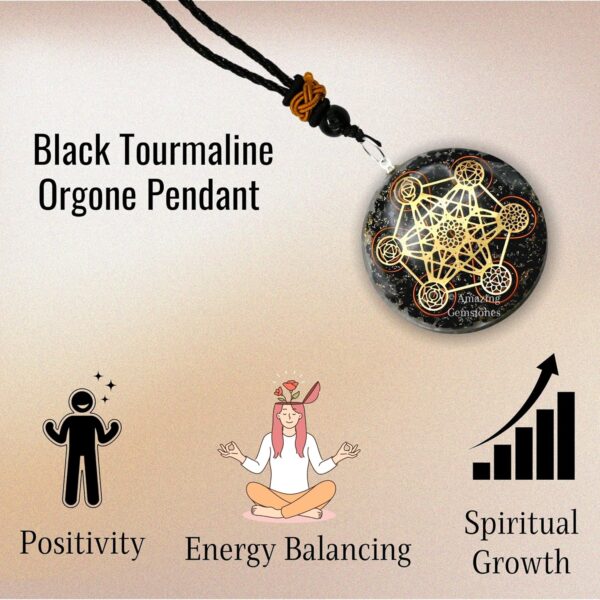 Amazing Gemstone Orgone Pendant with Black Tourmaline Crystal and Chakra Metatron Cube - Natural Healing Pendant Necklace for Women Men