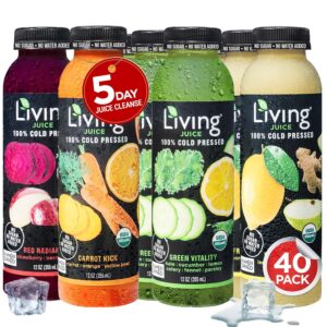 O2 Living Cold Pressed Health Juice – Organic Low-Calorie Detox Cleanse Drink, Non-GMO, Nutrient-Packed Fruit & Vegetable Juice, Immunity Boosting Beverage – 40 Pack 5-Day Juice Cleanse (12oz)