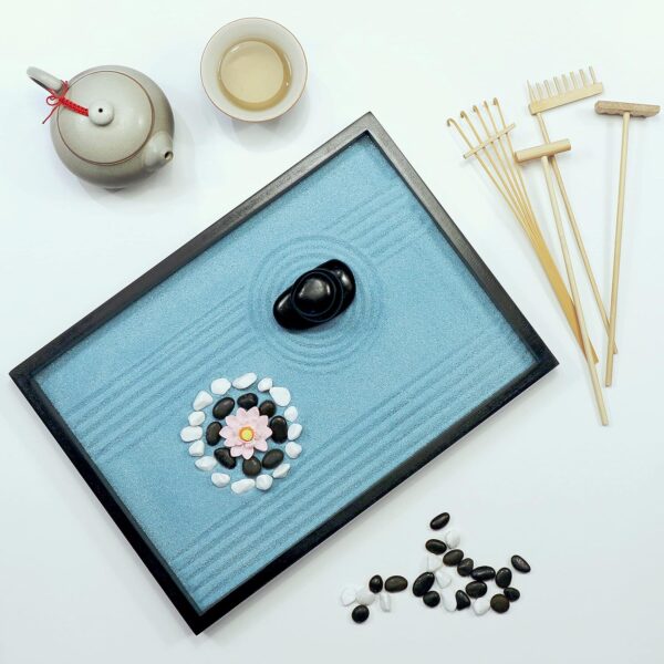 Oasis of Calm Zen Garden Kit. 11x8 Inch Beautiful Premium Japanese Decor Mini Meditation Gifts Set. Home, Office Desk Accessories. Zen Decor Sand Garden. Aqua Blue Sand, 6 Tools, 6 Features incl rocks
