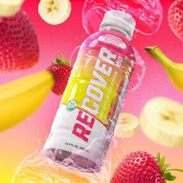 RECOVER 180 Organic Sports Hydration Drink, No Sugar Added, 15 Calorie Sports Beverage, Organic Flavors With Vitamins, Potassium-Packed Electrolytes (16.9 Fl Oz (Pack of 12), Strawberry Banana)
