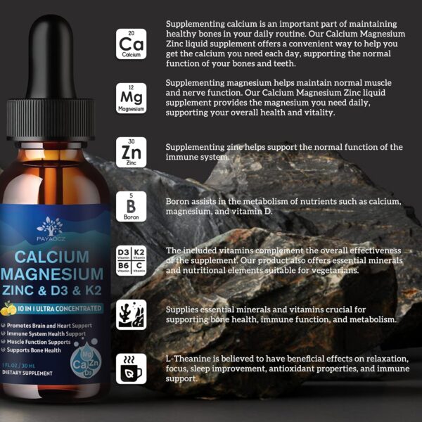 (2 Pack) 10 in 1 Magnesium Calcium Zinc Supplement with Vitamin C D3 K2, Glycinate Mag Vegan Liquid Drops Plus L-Theanine Boron Sea Moss Extract, Immune Support, Bone, Sleep & Leg Cramps, 1 Fl Oz