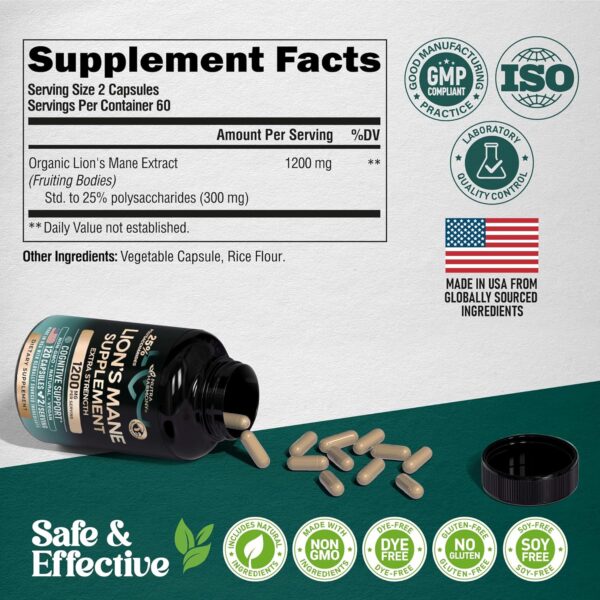 Lions Mane Supplement Capsules - Organic Lions Mane - Made in USA - Fruiting Bodies Extract - 1200 mg, 25% Polysaccharides - Memory & Focus Support - As Lions Powder - 120 Capsules, 2 Month Supply