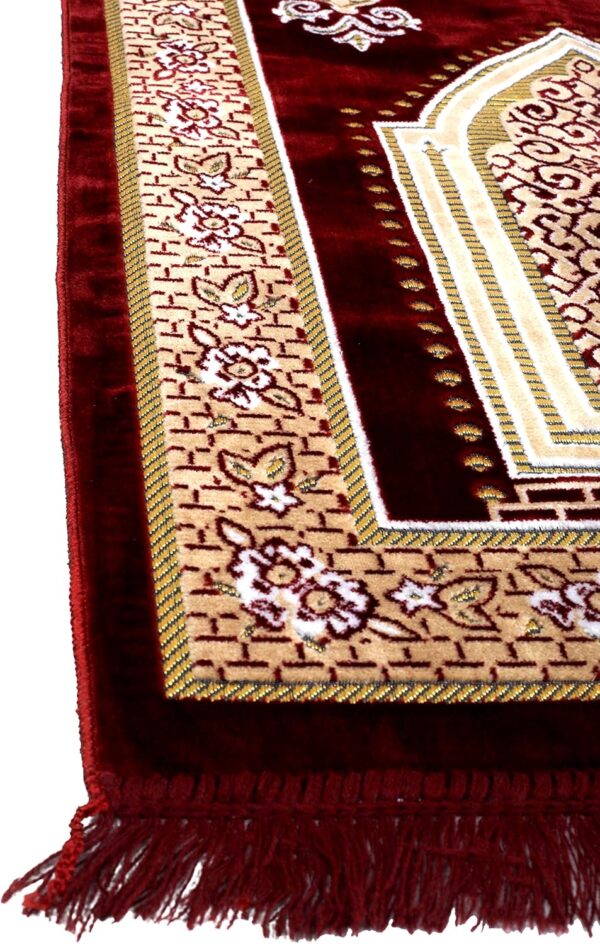 TB Muslim Prayer Rug, Islamic, Velvet Mat Ramadan Gift, with Prayer Bead Unique Decoration Gilded Gold-Like Embroidered for Women Man Kids Meditation Turkish African (Claret Red)
