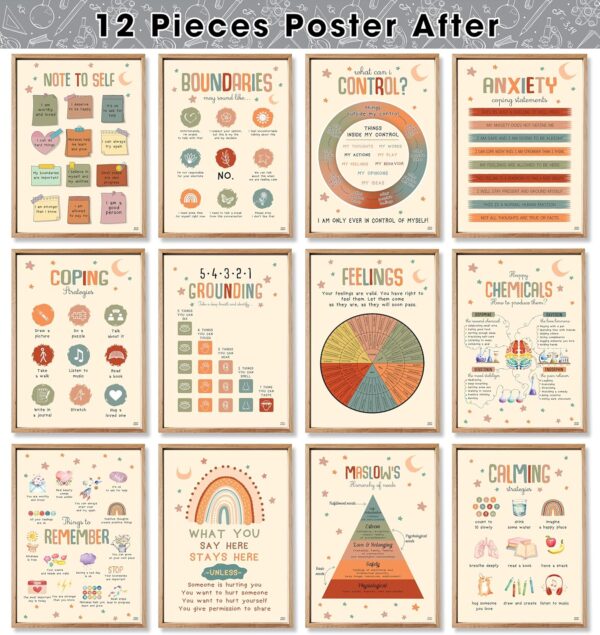 Jinniee 24 Opt Colorful Mental Health Posters, 12 Pcs Anxiety Therapy Motivational Poster Counseling Office Must Haves, School Counselor Supplies for Middle High School Must Haves Sets 10"x14"