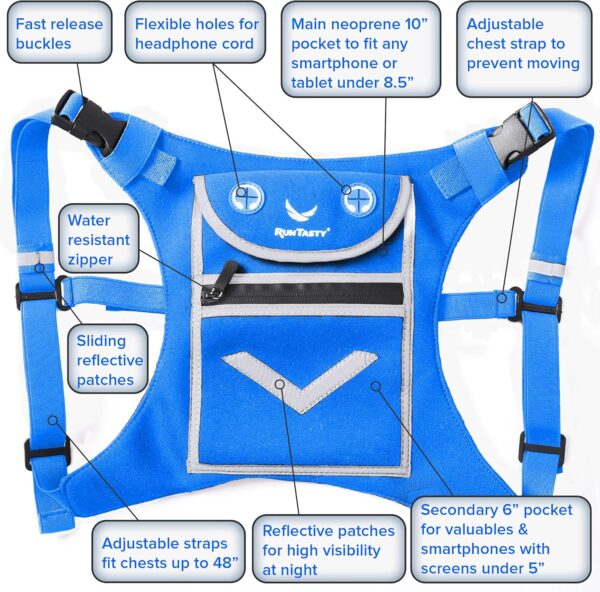 Blue Running Mini Backpack Vest for Men & Women – Reflective with 360° Hi-Viz, Holds Accessories, iPhone, Android, iPad Mini – Lightweight, Adjustable Gear for Fitness, Walking, Cycling, Hiking
