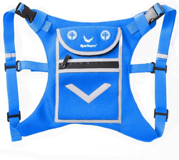 Blue Running Mini Backpack Vest for Men & Women – Reflective with 360° Hi-Viz, Holds Accessories, iPhone, Android, iPad Mini – Lightweight, Adjustable Gear for Fitness, Walking, Cycling, Hiking